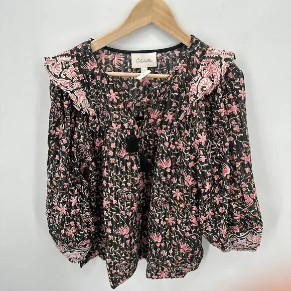 CLEOBELLA NWT Evereve Brynlee Black Pink Org Cotton Metallic Print Blouse // L - Picture 9 of 16
